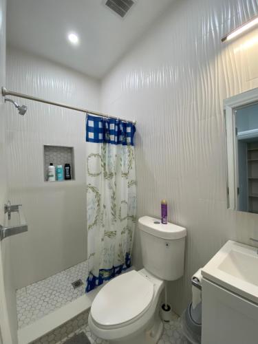 uma casa de banho branca com um WC e um chuveiro em Entire private Studio apartment em North Miami Beach
