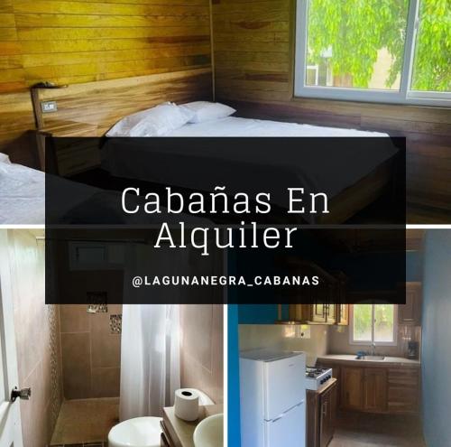 a collage of photos of a bedroom and a bathroom at Cabañas Laguna Negra in Tela