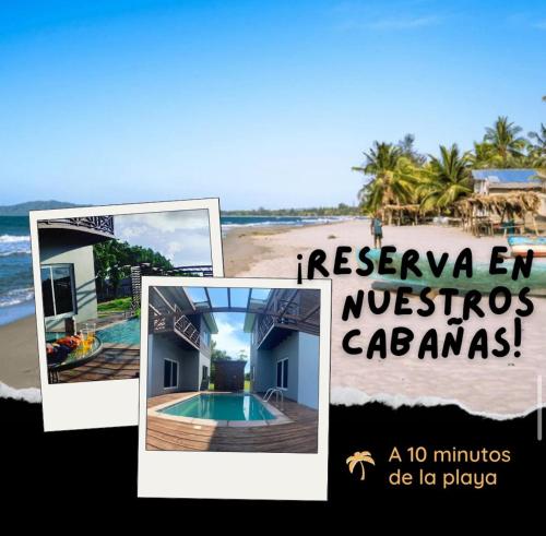 un collage de fotos de una casa y una playa en Cabañas Laguna Negra, en Tela