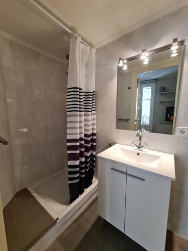 uma casa de banho com um lavatório e um chuveiro em Apartamentos Nouvilas em Portbou