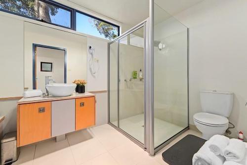 a bathroom with a shower and a sink and a toilet at Tamar Valley Treetop Retreat in Grindelwald