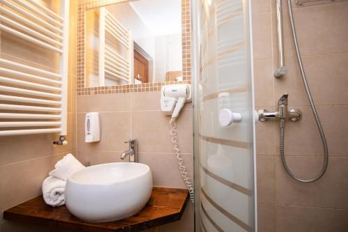 a bathroom with a sink and a shower with a mirror at Hotel Riviera in Sinaia