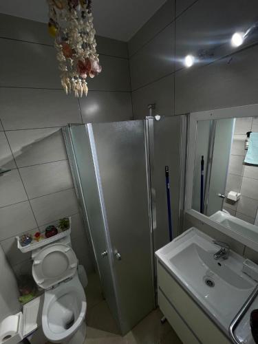 a bathroom with a shower and a toilet and a sink at דירה עם נוף לים in Nahariyya