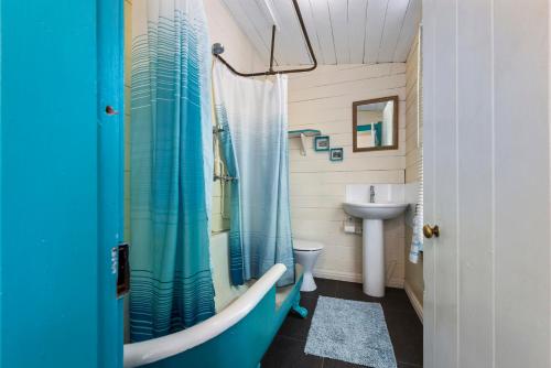 uma casa de banho com uma cortina de chuveiro azul e um lavatório. em India House & Ica Whare in Whareama, Nr Riversdale Beach em Whareama