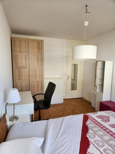 1 dormitorio con cama, escritorio y silla en Room in Shared Apartment Geneva, en Ginebra