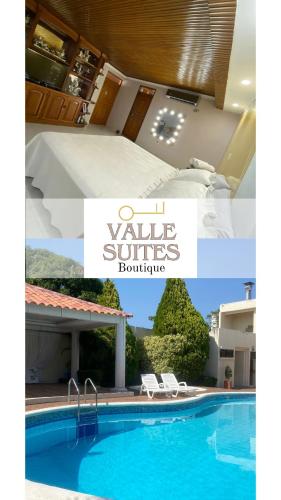 eine Collage mit Fotos von einem Pool mit der Broschüre der Villen-Eigentumswohnungen in der Unterkunft Valle Suites Boutique in Valledupar