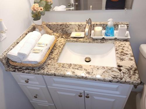 a bathroom counter with a sink and towels on it at C & Y Guesthouse in Tampa