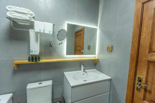 a bathroom with a toilet and a sink and a mirror at Khangain Tugul Hotel in Tsetserleg