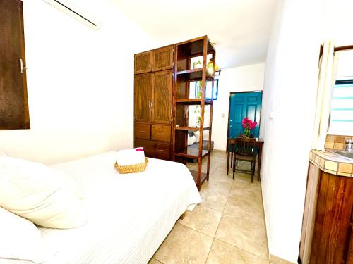a bedroom with a bed and a book shelf at CABO BOHEMIA Tropical Garden Studios in Cabo San Lucas