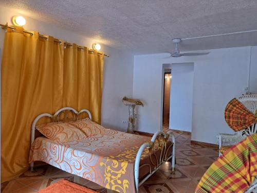 a bedroom with a bed and a yellow curtain at KANALU BEACH APPATEMENT in Bouillante