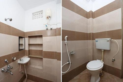 two pictures of a bathroom with a toilet and a sink at Hotel Somnath Guest House ! Puri in Puri