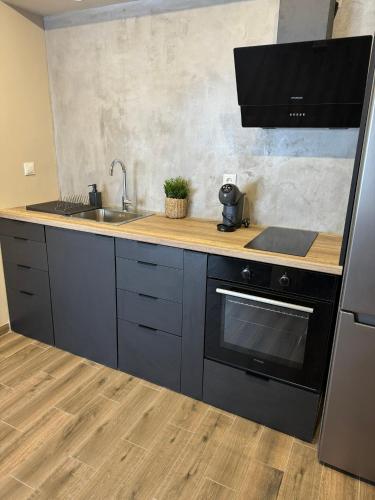 a kitchen with a sink and a stove at Artemis Apartments in Diakopto