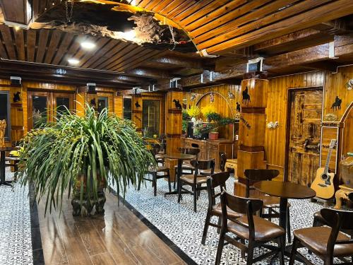 a restaurant with tables and chairs and a plant at SaPa Sinai Homestay in Sa Pa
