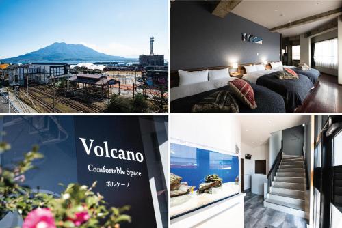 eine Collage mit Bildern eines Hotelzimmers mit Aussicht in der Unterkunft Volcano in Kagoshima