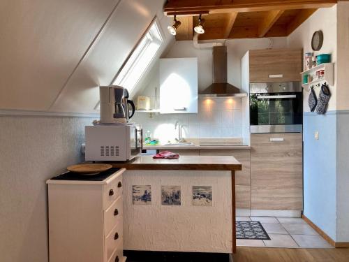 a kitchen with a sink and a stove in it at Urlaubsruhe 6 Pers Holiday home w terrace close to National Park Lauwersmeer in Anjum