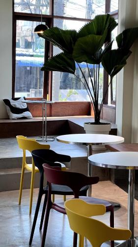 a room with tables and chairs and a potted plant at Centerpoint Hotel & Plaza in Thongsala