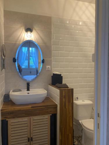 a bathroom with a sink and a mirror and a toilet at Coup de cœur en Brenne in Martizay