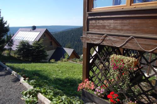 a garden with flowers on the side of a house at Berggasthaus & Pension Schöne Aussicht in Klingenthal