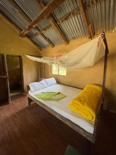 - un lit dans une chambre avec un lit suspendu dans l'établissement Prem Bardiya Homestay, à Bākhri Kharka