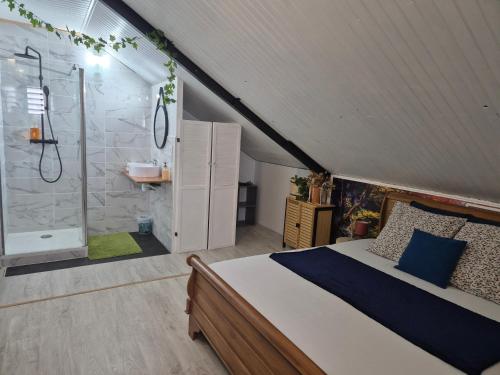 1 dormitorio con 1 cama y baño con ducha en Les Jardins de Nicole en La Plaine des Cafres