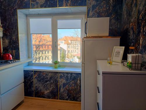 eine Küche mit einem Fenster und einem Kühlschrank in der Unterkunft Parko apartamentai Self check in in Klaipėda