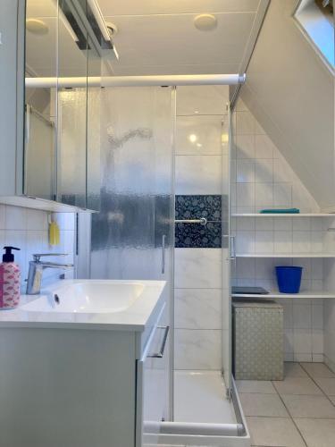 a white bathroom with a shower and a sink at Holiday House Platz an der Sonne for 6 people near Lake Lauwersmeer in Oostmahorn