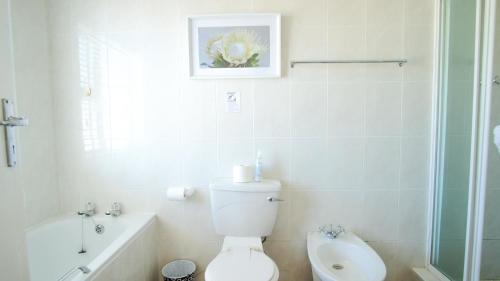 La salle de bains blanche est pourvue d'une douche et de toilettes. dans l'établissement A-View-at-Kingfisher Port Alfred Guest Accommodation, à Port Alfred