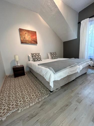 a bedroom with a large bed with a rug at Ietzie Longbeach in Swakopmund