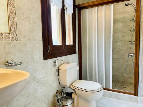 La salle de bains est pourvue de toilettes, d'un lavabo et d'une douche. dans l'établissement Voutyro Residence I, Karpenisi, Evrytania, à Karpenísi