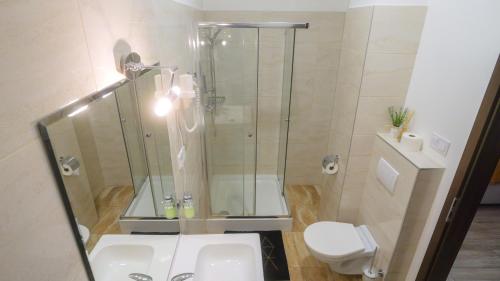 a bathroom with a shower and a sink and a toilet at Premium City Centre Bedrooms in Prešov