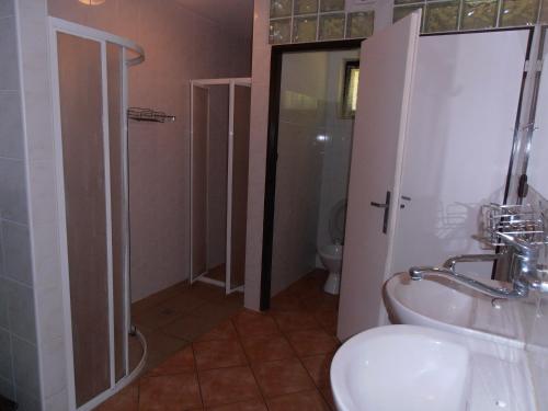uma casa de banho com um lavatório, um chuveiro e um WC. em Turistická chata TJ TESLA BRNO em Ostružná