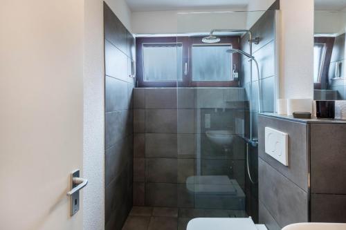 ein Bad mit einer Dusche, einem WC und einem Waschbecken in der Unterkunft Ferienwohnung Schwarzwaldblick in Weil am Rhein