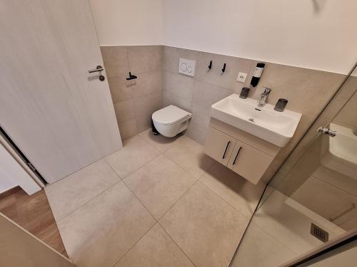 een badkamer met een douche, een toilet en een wastafel bij myQuartier - Central City DeLuxe Apartments in Innsbruck