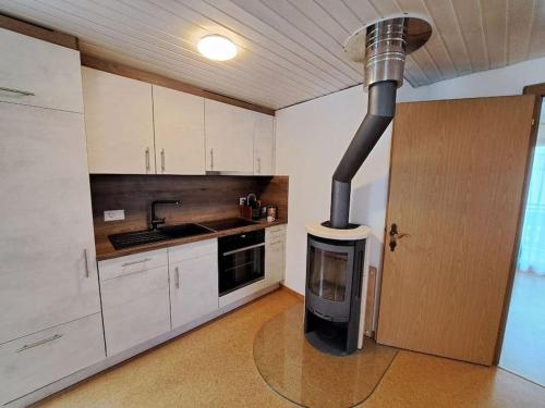 a kitchen with a stove in the middle of a room at Apartment im Rietle in Schaan