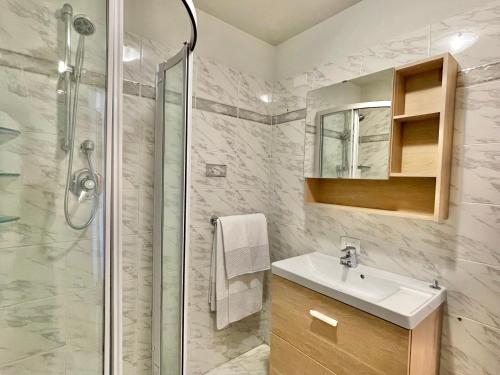 bagno con doccia, lavandino e specchio di Chalet Rododendro a Livigno