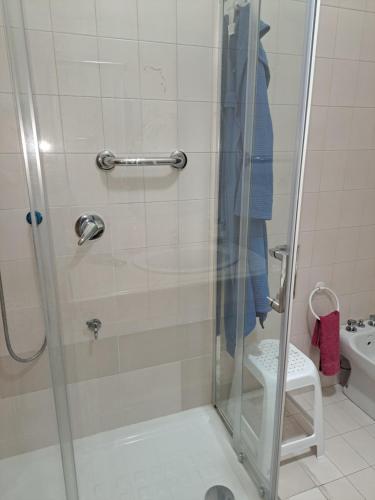 een douche met een glazen deur in de badkamer bij Casa Vittoria in Montemiletto