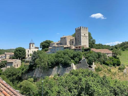 a castle on top of a hill with trees at Charmante dépendance avec piscine en Provence in Le Puy-Sainte-Réparade