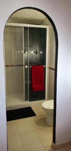 La salle de bains est pourvue d'une douche et d'une serviette rouge. dans l'établissement L'AMBROISINE, à Saint-Ambroix