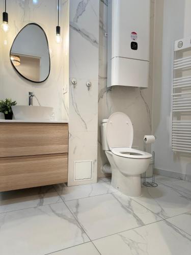 une salle de bain avec toilettes, lavabo et miroir dans l'établissement Sunshine Getaway - Stylish Studio in the Heart of Nice, à Nice