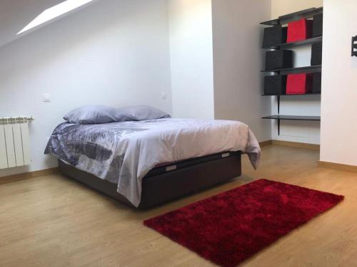 1 dormitorio con cama y alfombra roja en Grande Dúplex cerca del Mar, en San Vicente de la Barquera