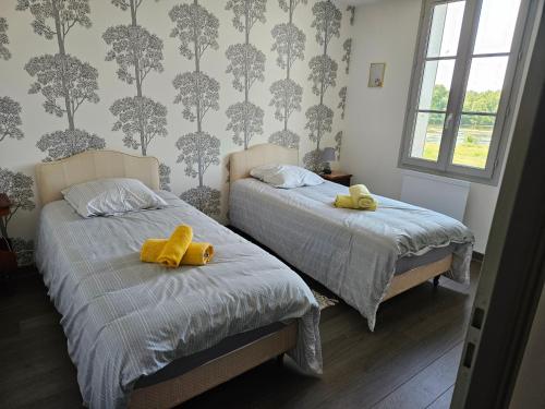 um quarto com duas camas com sapatos amarelos em Entre Château et Loire. em Chaumont-sur-Loire