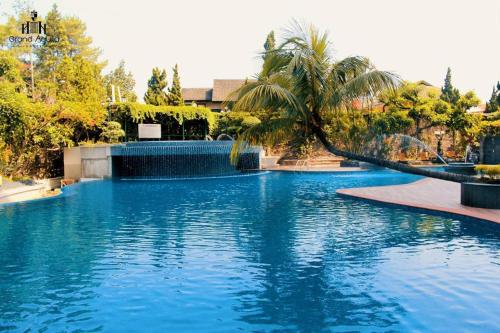 einen großen blauen Pool mit einer Palme in der Unterkunft Grand Aquila Hotel in Bandung