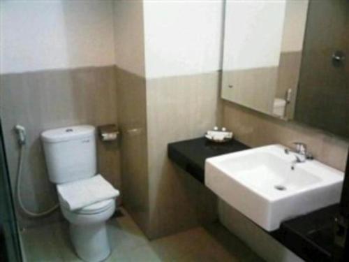 ein Badezimmer mit einem WC, einem Waschbecken und einem Spiegel in der Unterkunft Radja Hotel in Samarinda