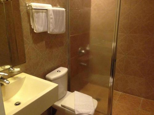 a bathroom with a shower and a toilet and a sink at Bayfront Hotel Subic in Olongapo