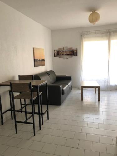 ein Wohnzimmer mit einem Sofa und einem Tisch in der Unterkunft Studio tout confort La Timone in Marseille