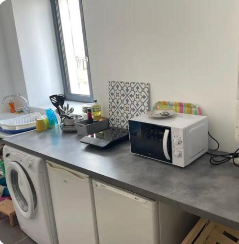 Il comprend une cuisine équipée d'un four micro-ondes et d'un lave-linge. dans l'établissement Chambre au calme, à Creuzier-le-Vieux