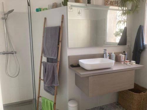 a bathroom with a sink and a mirror and a shower at Vamos a la playa - Côté mer in Cerbère