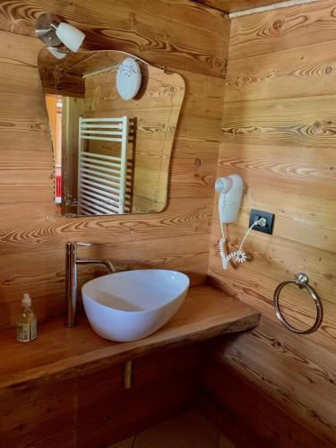 a bathroom with a bowl sink and a mirror at Chalet del Lago in Ceresole Reale