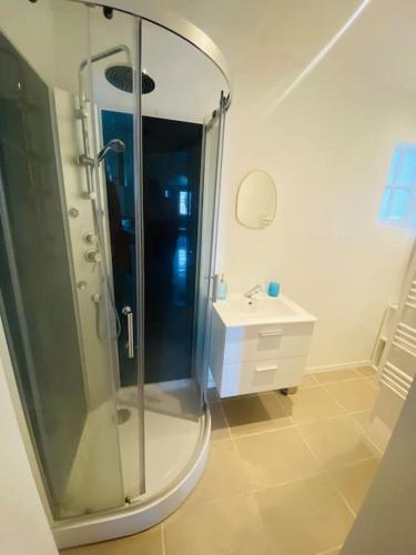 une salle de bain avec douche et lavabo dans l'établissement La cale, vue sur le port, à Dieppe