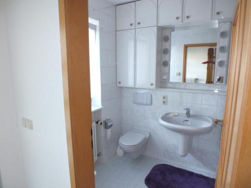 a white bathroom with a toilet and a sink at Ferienwohnung Jersemann in Steingaden